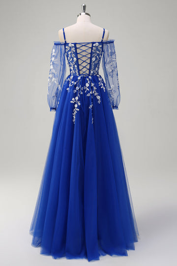 Royal Blue A-Line Cold Shoulder Sequin Applique Long Formal Dress with Tulle Slit